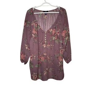 Chaps‎ floral henley sheer chiffon blouse womens 2X fairy boho cottage peasant